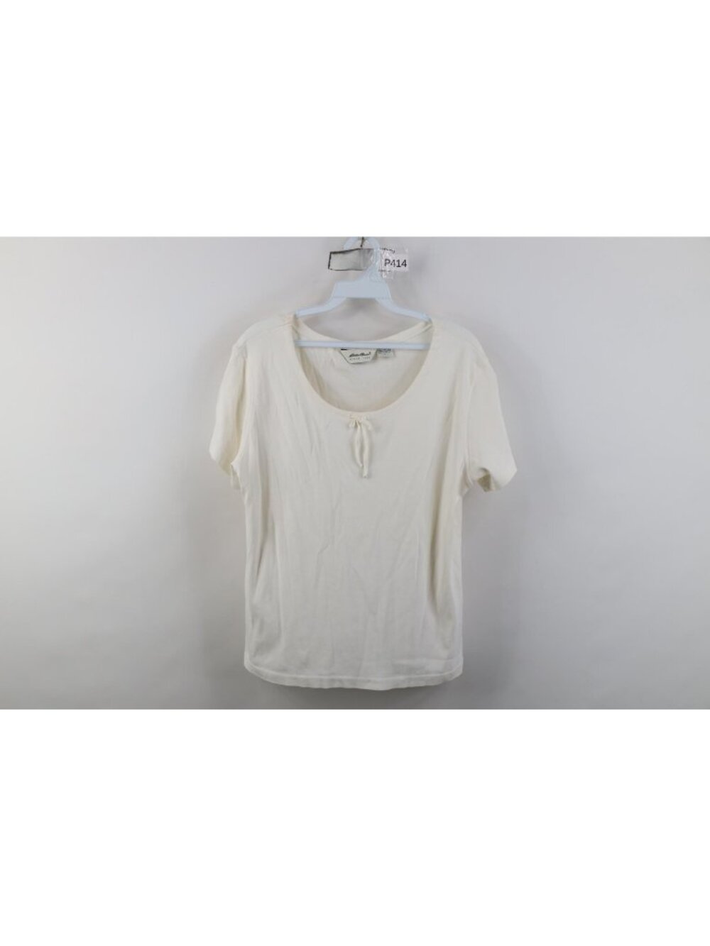 Vtg 90s Eddie Bauer Womens Large Babydoll Tie Front Ribbed Knit T-Shirt Cream